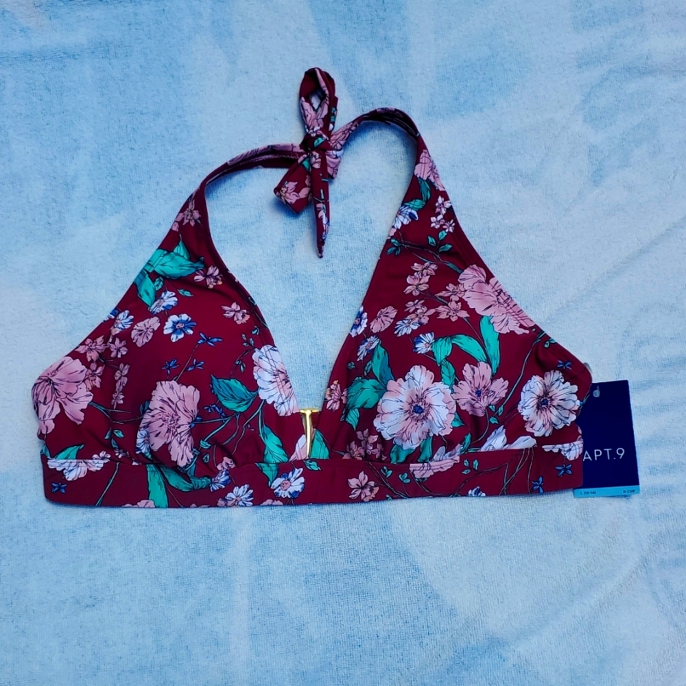 🔅 Apt. 9 Burgundy Floral Halter Bikini D cup Top NWT